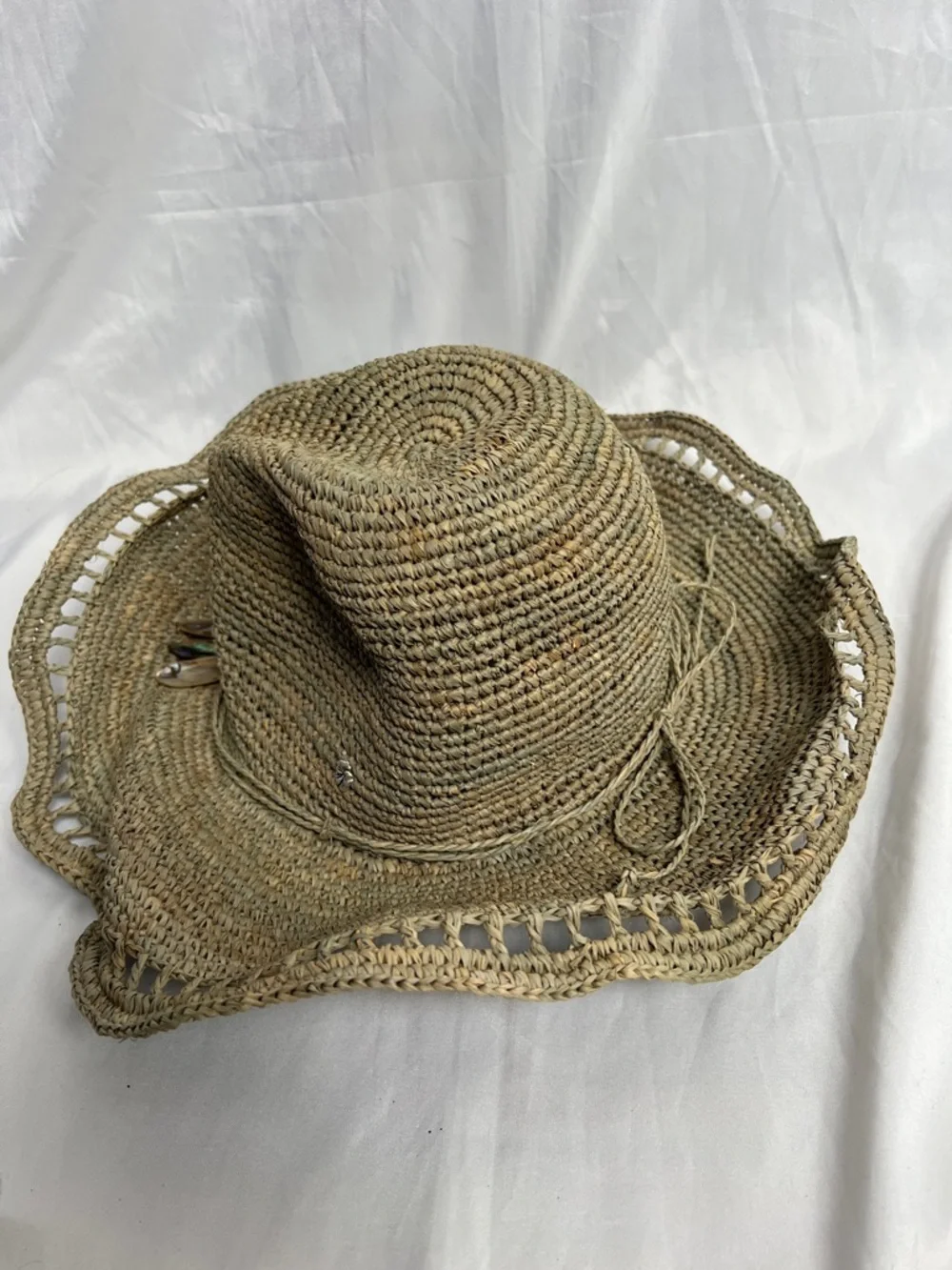 Woven Straw Sun Hat with Iridescent Shell Accents - Natural - Picture 3 of 6